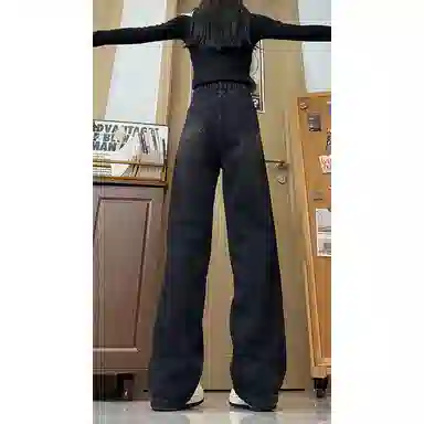 欧迪芬 复古浅色水洗做旧阔腿裤女秋季高腰宽松显瘦直筒拖地裤子 牛仔裤 女款