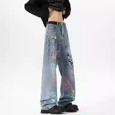 欧迪芬 美式高街涂鸦裤女万圣节穿搭裤子设计感显瘦直筒微喇裤街头帅气牛仔裤 女款