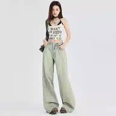 欧迪芬 美式复古水洗做旧高街设计感宽松时尚百搭牛仔裤 男女同款 浅蓝