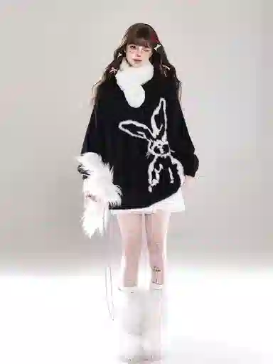 欧迪芬 奶呼呼马海毛软糯冬季美式小兔提花慵懒风毛衣 女款