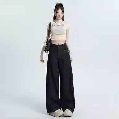 欧迪芬 百搭美式气质高腰水洗复古立体磨白宽松垂感拖地长裤显高透气拍照通勤学生上班约会牛仔裤 男女同款 深蓝色