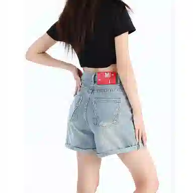 欧迪芬 纯色复古港风直筒休闲舒适三分裤牛仔短裤 女款