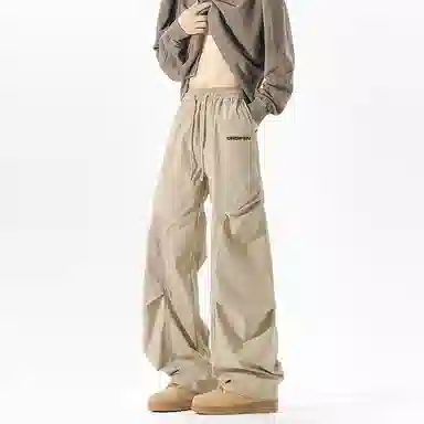 欧迪芬 显高显瘦 学院风高街基础款纯色字母印花褶皱设计宽松休闲垂感直筒山系机能风降落伞兵简约运动户外系带裤百搭工装裤 女款