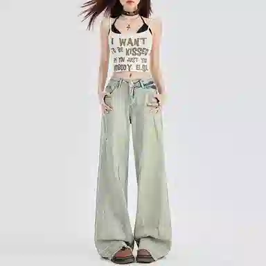 欧迪芬 美式复古水洗做旧高街设计感宽松时尚百搭牛仔裤 男女同款 浅蓝