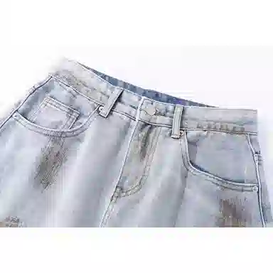 欧迪芬 美式撞色渐变水洗复古做旧休闲舒适百搭牛仔裤 女款 浅蓝