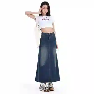 欧迪芬 纯色简约百搭高腰宽松牛仔长裙 女款 蓝色