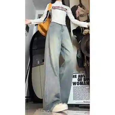 欧迪芬  小个子高腰窄版阔腿美式牛仔裤 男女同款