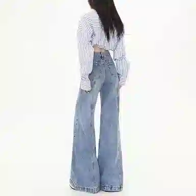 欧迪芬 美式高街设计感宽松阔腿高腰口袋设计垂感拖地柔软舒适牛仔裤 女款 浅蓝