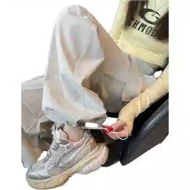 欧迪芬 白灰色春秋美式大口袋抽绳束脚工装裤女士通勤百搭运动阔腿裤宽松休闲冰丝户外登山裤跑步速干运动裤女生舒适时尚显瘦休闲裤 女款