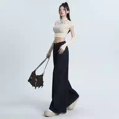 欧迪芬 百搭美式气质高腰水洗复古立体磨白宽松垂感拖地长裤显高透气拍照通勤学生上班约会牛仔裤 男女同款 深蓝色