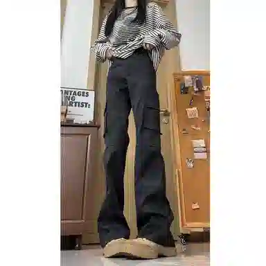 欧迪芬 美式复古迷彩工装裤情侣款秋季高腰显瘦直筒微喇裤窄版长裤休闲裤 男女同款