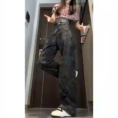 欧迪芬 美式复古迷彩蛇纹裤秋季窄版弯刀裤子直筒修身显高微喇裤牛仔裤 女款