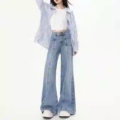 欧迪芬 美式高街设计感宽松阔腿高腰口袋设计垂感拖地柔软舒适牛仔裤 女款 浅蓝