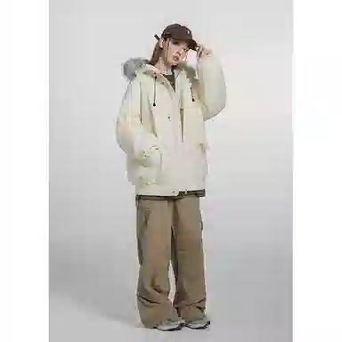 欧迪芬 复古简约纯色学院风加厚保暖防风百搭舒适户外休闲运动登山旅行多口袋工装外套无性别主义情侣款可拆卸毛领立领连帽棉服 男女同款