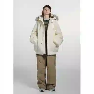 欧迪芬 复古简约纯色学院风加厚保暖防风百搭舒适户外休闲运动登山旅行多口袋工装外套无性别主义情侣款可拆卸毛领立领连帽棉服 男女同款