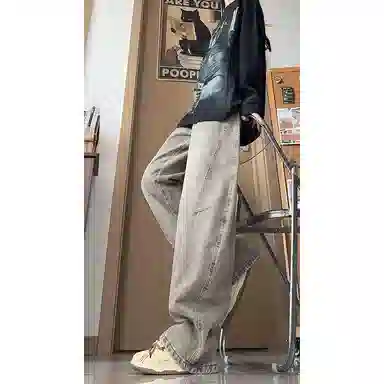 欧迪芬 水洗直筒裤女秋季美式高质量猫须褶皱宽松休闲长裤牛仔裤 女款