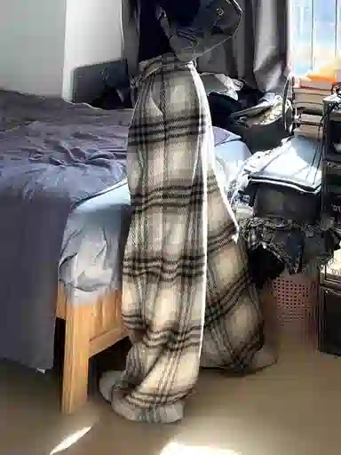 欧迪芬  贵夫人 美式复古高街毛呢格子直筒阔腿休闲裤 女款