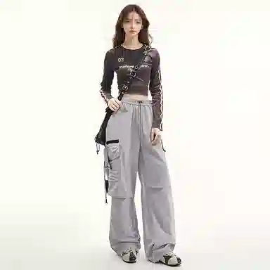 欧迪芬 小众褶皱设计潮流百搭美式高街慵懒风拖地山系户外机能风降落伞兵裤直筒裤休闲裤 男女同款工装裤 女款
