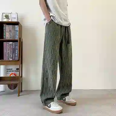 欧迪芬 潮牌复古冰丝凉感速干薄款街头痞帅灯芯绒条纹格子提花卫裤时尚潮流百搭宽松舒适垂感直筒亲肤透气高街休闲裤 男女同款