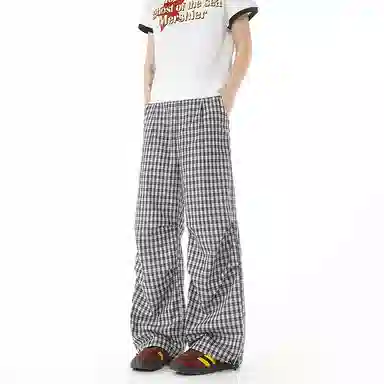 欧迪芬 美式褶皱做旧英伦风松弛直筒格子设计感宽松港风青春少年感流行高街韩系简约潮流痞帅时尚个性舒适透气百搭无性别休闲裤 男女同款