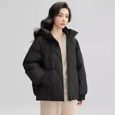 鸭鸭 直筒纯色连帽保暖长袖羽绒服 女款