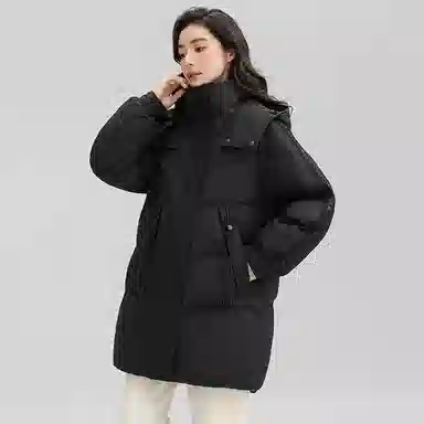 鸭鸭 纯色拉链连帽中长款羽绒服 女款