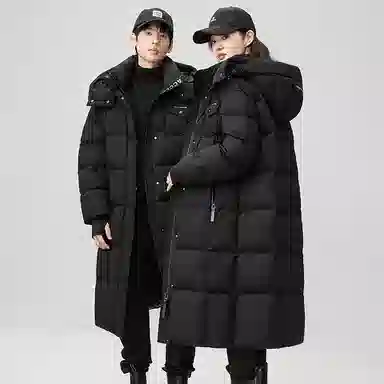 鸭鸭 黑金标奢金保暖加厚纯色过膝连帽防寒羽绒服 男女同款 黑色