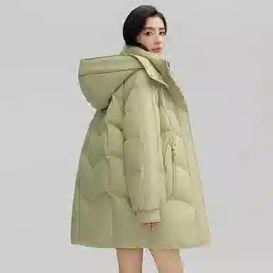 鸭鸭 纯色拉链连帽中长款羽绒服 女款