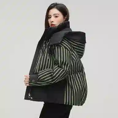 鸭鸭 撞色连帽条纹羽绒服 女款