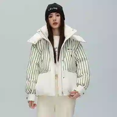 鸭鸭 撞色连帽条纹羽绒服 女款