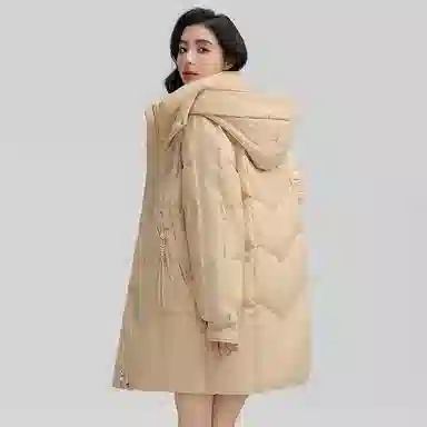 鸭鸭 纯色拉链连帽中长款羽绒服 女款