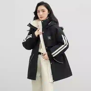 鸭鸭 拉链条纹连帽中长款羽绒服 女款