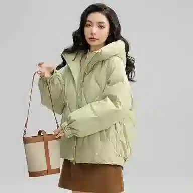 鸭鸭 直筒纯色连帽保暖长袖羽绒服 女款