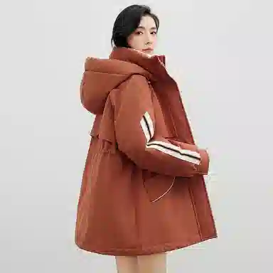 鸭鸭 拉链条纹连帽中长款羽绒服 女款