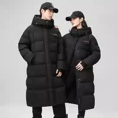 鸭鸭 黑金标奢金保暖加厚纯色过膝连帽防寒羽绒服 男女同款 黑色