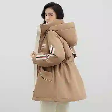 鸭鸭 拉链条纹连帽中长款羽绒服 女款