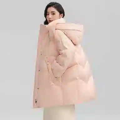 鸭鸭 纯色拉链连帽中长款羽绒服 女款