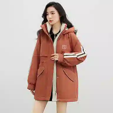 鸭鸭 拉链条纹连帽中长款羽绒服 女款