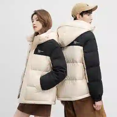鸭鸭 拉链连帽撞色拼接情侣面包服防寒羽绒服 女款