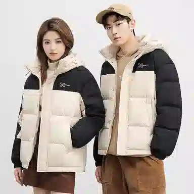 鸭鸭 拉链连帽撞色拼接情侣面包服防寒羽绒服 女款