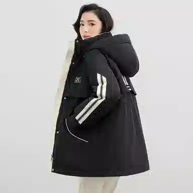 鸭鸭 拉链条纹连帽中长款羽绒服 女款
