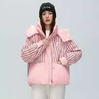 鸭鸭 撞色连帽条纹羽绒服 女款