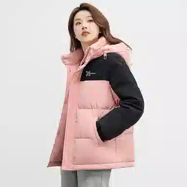 鸭鸭 拉链连帽撞色拼接情侣面包服防寒羽绒服 女款