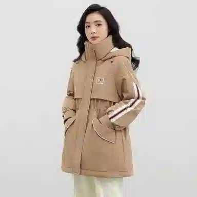 鸭鸭 拉链条纹连帽中长款羽绒服 女款