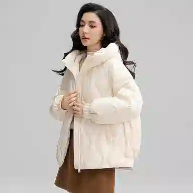 鸭鸭 直筒纯色连帽保暖长袖羽绒服 女款