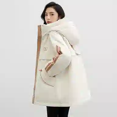 鸭鸭 拉链条纹连帽中长款羽绒服 女款