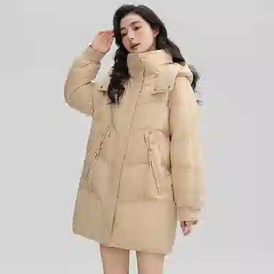 鸭鸭 纯色拉链连帽中长款羽绒服 女款