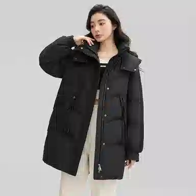 鸭鸭 纯色拉链连帽中长款羽绒服 女款
