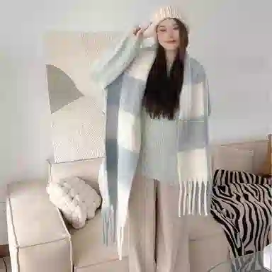 浪莎 柔软温柔大格保暖 聚酯纤维 绒线围巾 男女同款情侣款