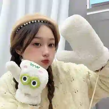 浪莎 女生可爱小青蛙秋冬卡通加绒加厚防寒保暖连指全指学生手套 涤纶 绒线手套 女款